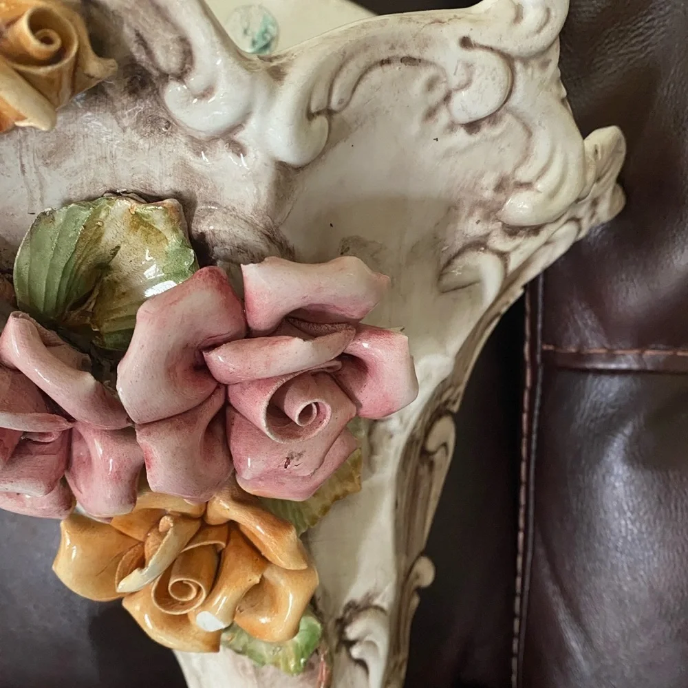 Vintage Italian Capodimonte Porcelain Floral Cornucopia Wall Sconce Planter 14”H